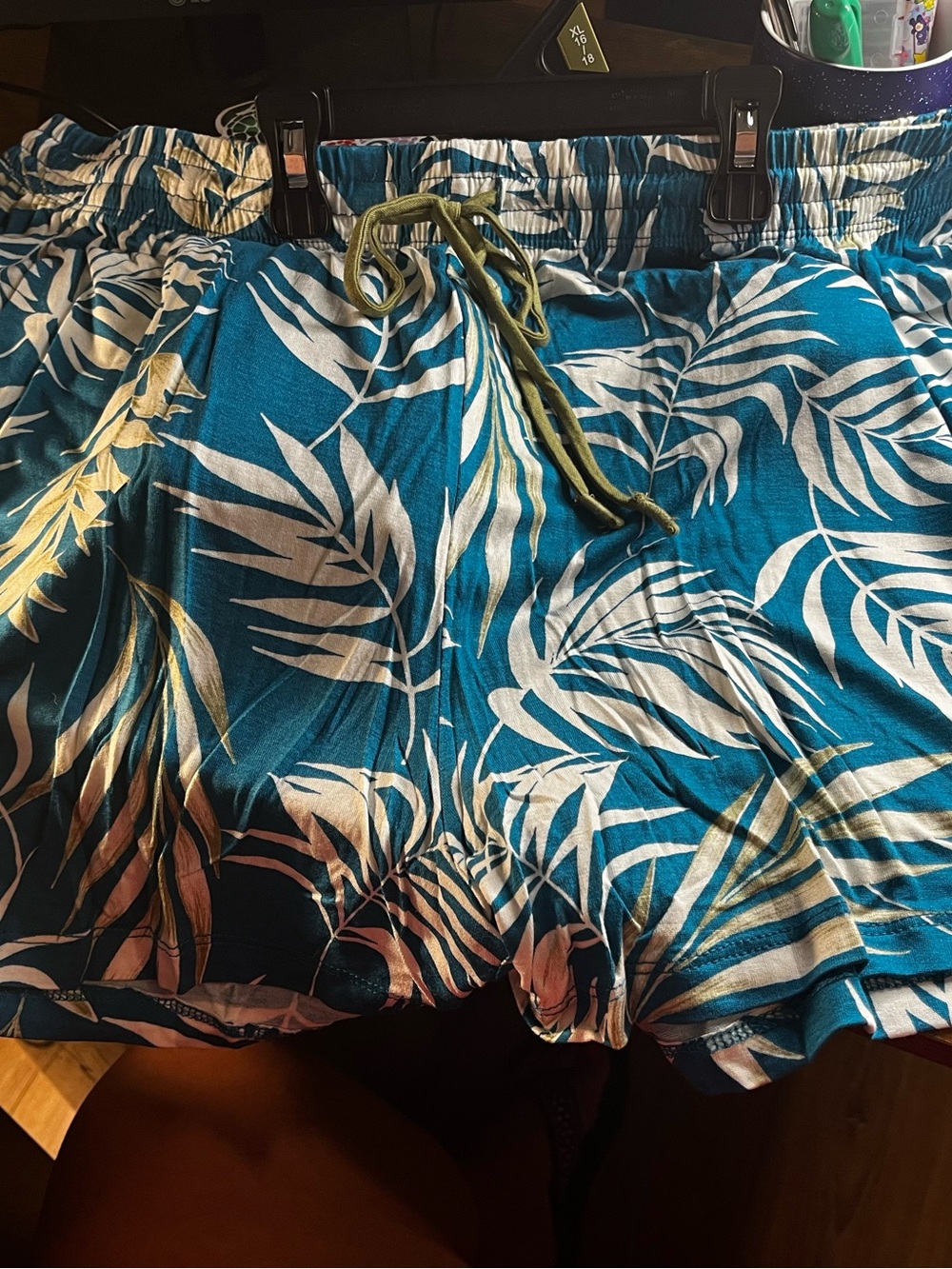 Tropical Teal Palm Print Elastic Waist Shorts